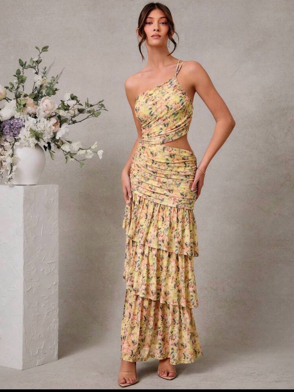 Floral One-Shoulder Tiered Ruffle Maxi Dress - Yellow